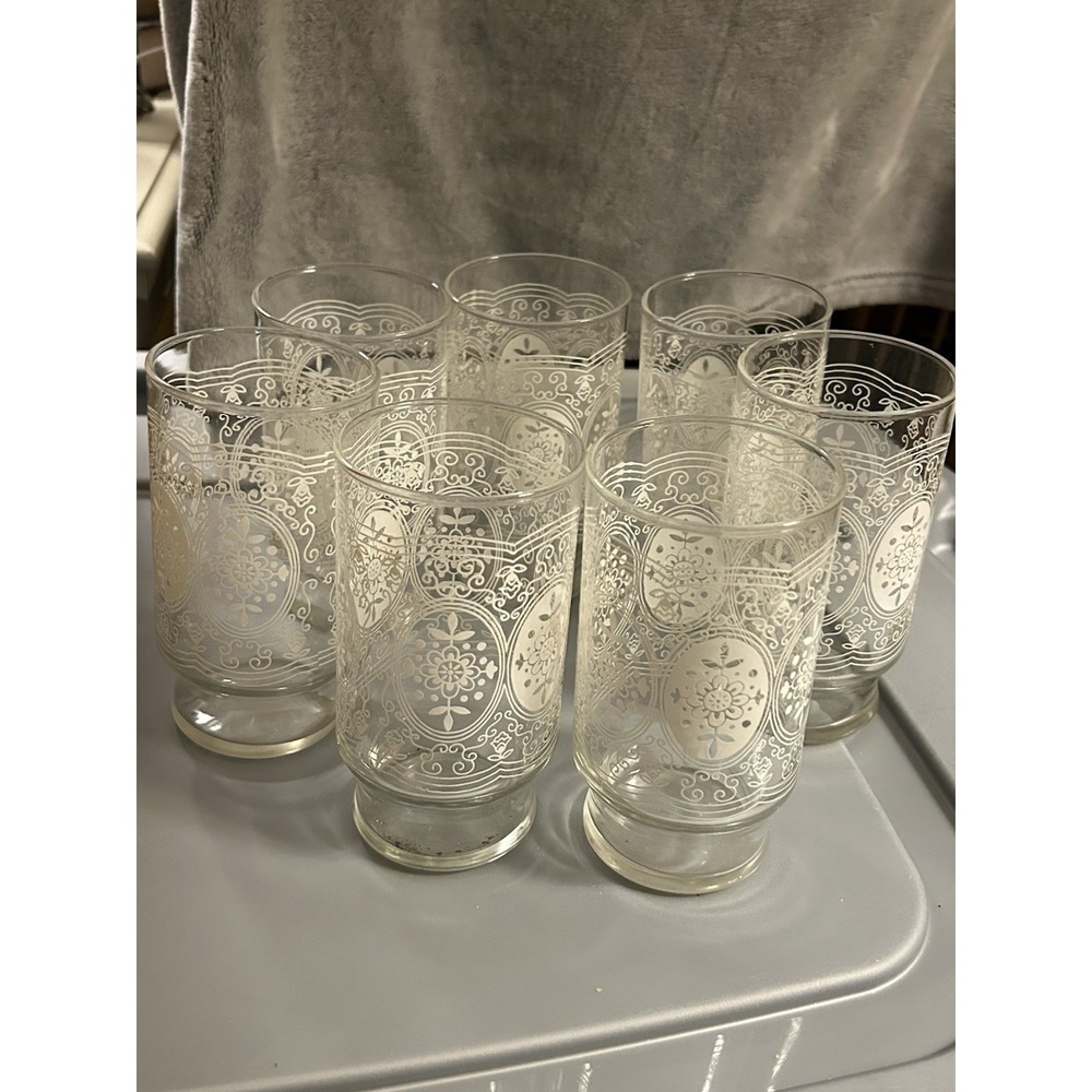 VINTAGE ANCHOR HOCKING WHITE LACE FILIGREE FLORAL 10 oz Glass TUMBLERS LOT 7